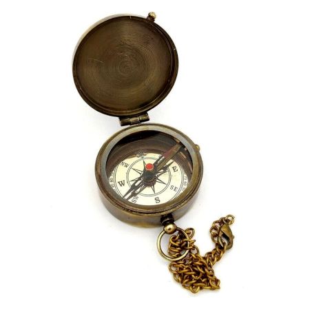 Brass Pocket Compass with Hinged Lid Chain